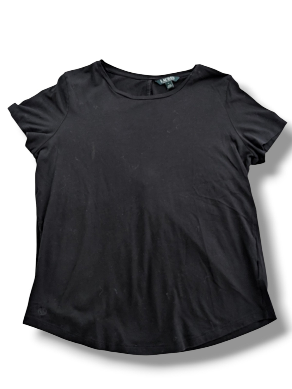 Lauren Ralph Lauren Black Short Sleeve Crewneck Twisty Open Back Tee, Sz L